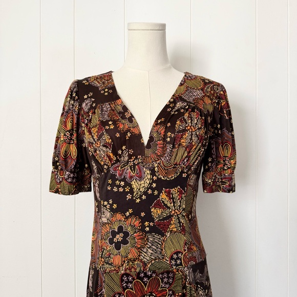 Vintage 1970s Floral Fall Brown Orange Maxi Dress - Picture 2 of 5